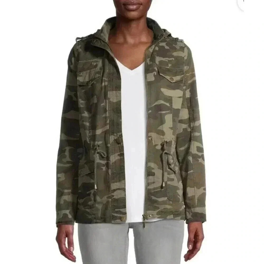 New Look Women's Sz Small Green Camo Lined Full Zip Pocket Drawstring Jacket Y2K